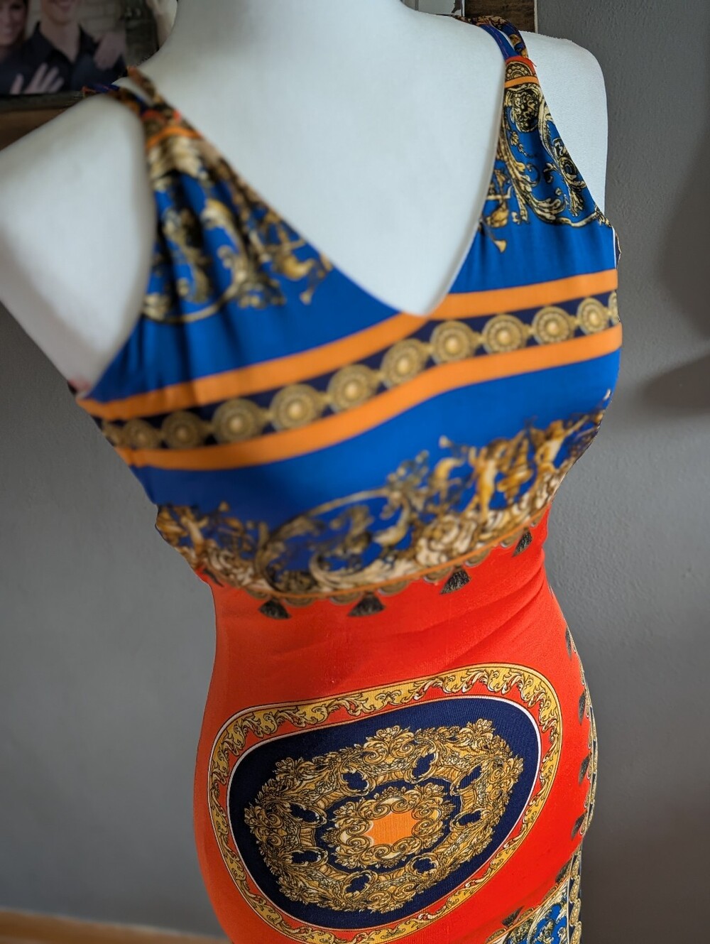 Love Nation Baroque Scarf Print Maxi Dress Size Small Orange Blue Strappy Back - Picture 2 of 7